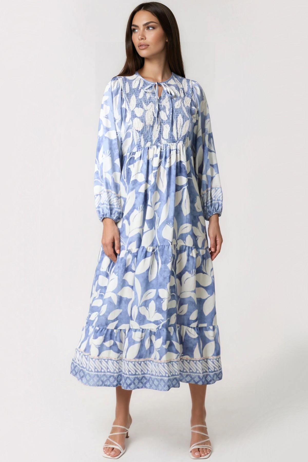 Blue Leaf Print Long Sleeve Maxi Dress