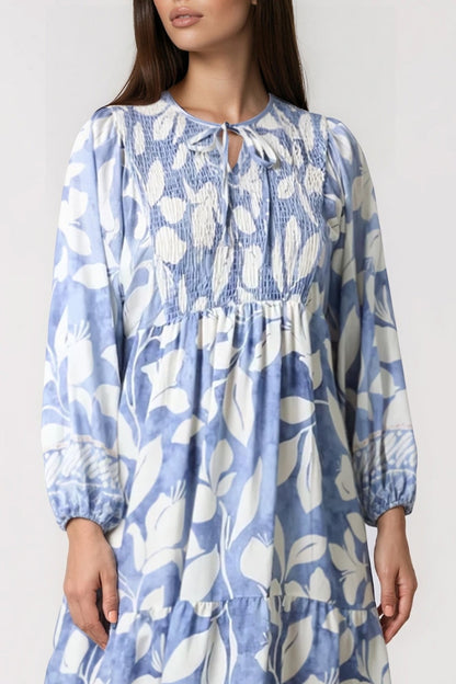 Blue Leaf Print Long Sleeve Maxi Dress