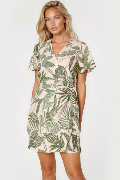 Green Leaf Print Wrap Front Mini Dress