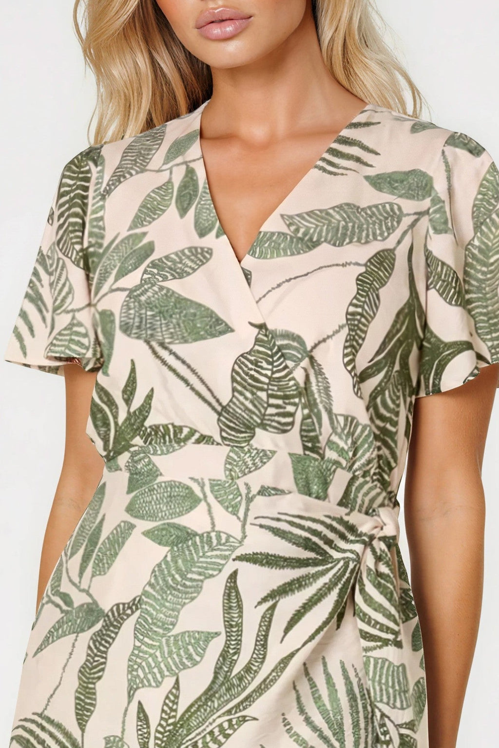 Green Leaf Print Wrap Front Mini Dress
