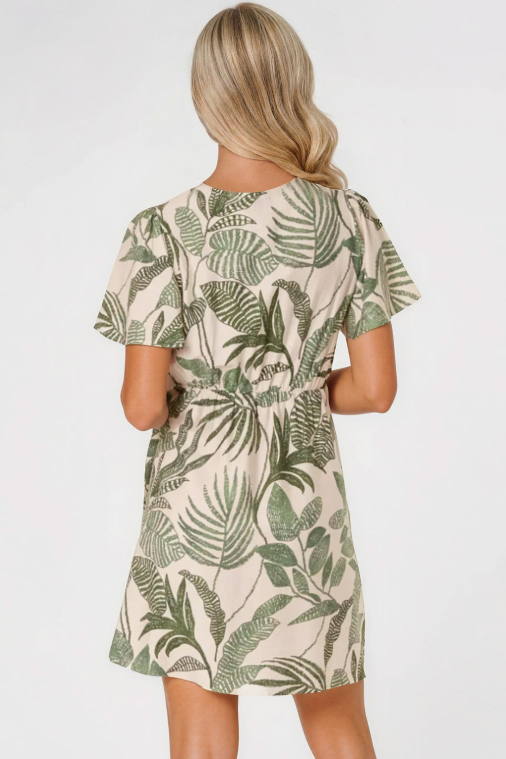 Green Leaf Print Wrap Front Mini Dress