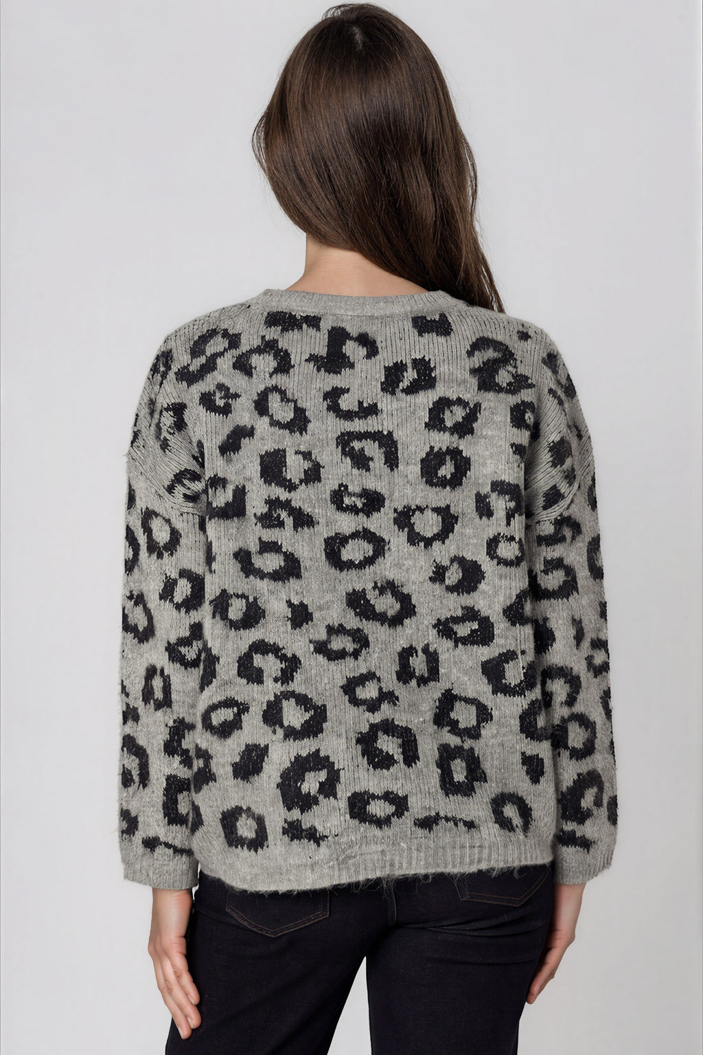 Grey Leopard Pattern Wool‑Blend Knit Jumper