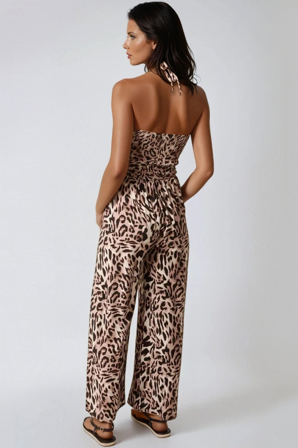 Leopard Print Shirred Jumpsuit