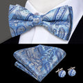 Light Blue Paisley Silk Bow Tie - With Matching Cufflinks & Pocket Square