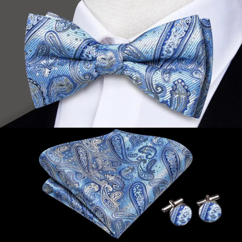 Light Blue Paisley Silk Bow Tie - With Matching Cufflinks & Pocket Square