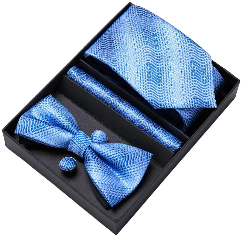 Men's Gift Set - Light Blue Tie, Bow Tie, Pocket Square and Cuff Links