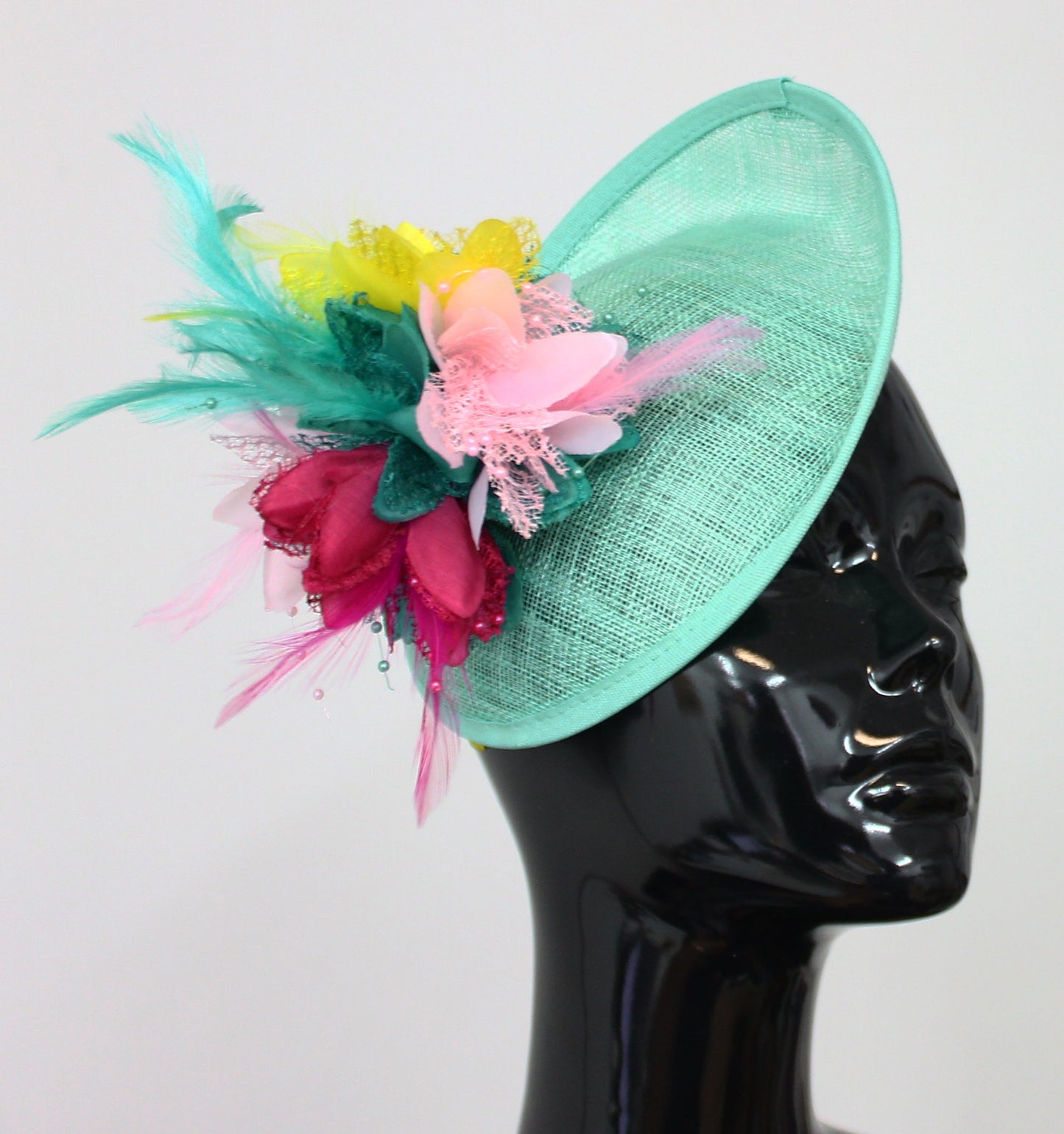 Light Turquoise Pinks and Yellow Sinamay Fascinator - Medium