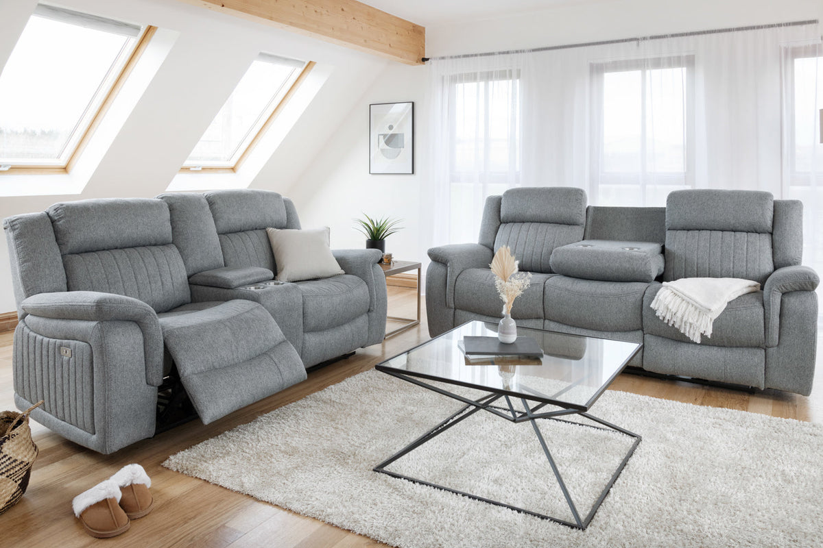 Linden Grey Power Recliner Sofa Set: 3+2 Seater with USB, Storage, Cupholders