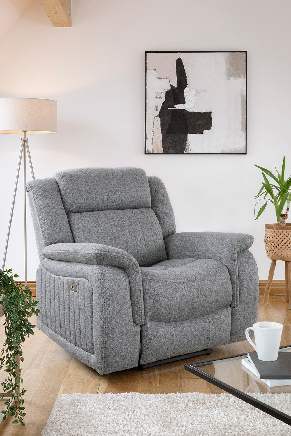 Linden Electric Recliner Armchair: Plush Grey Fabric, Power Reclining Bliss