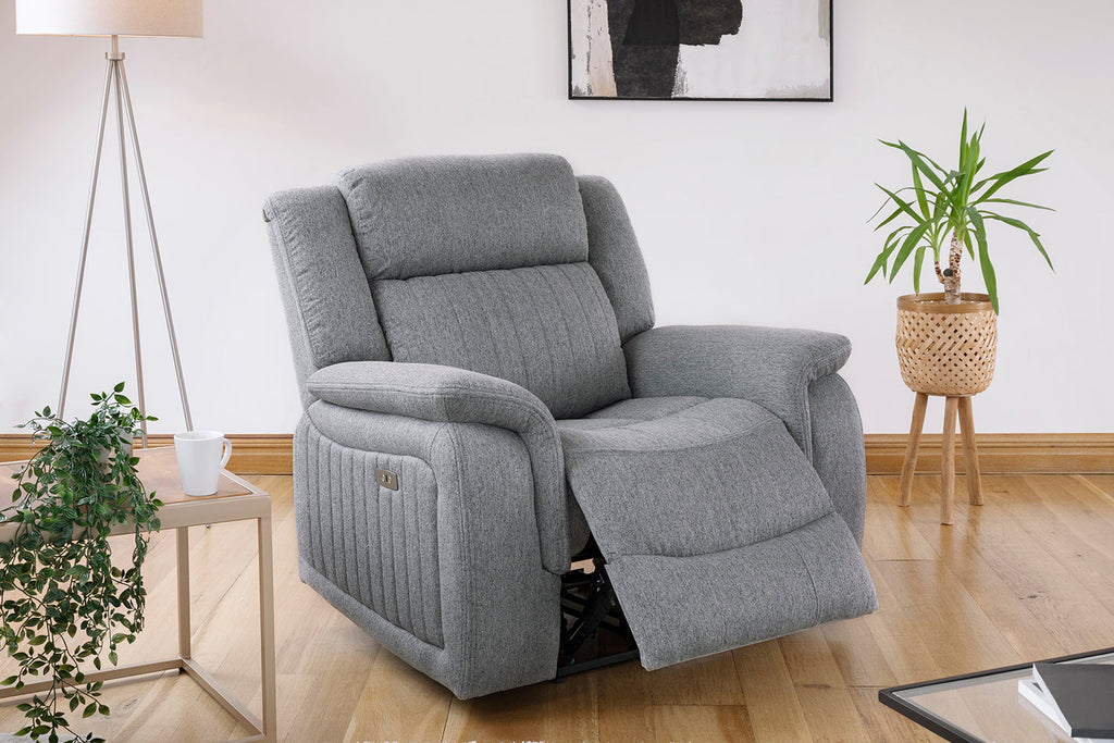 Linden Electric Recliner Armchair: Plush Grey Fabric, Power Reclining Bliss