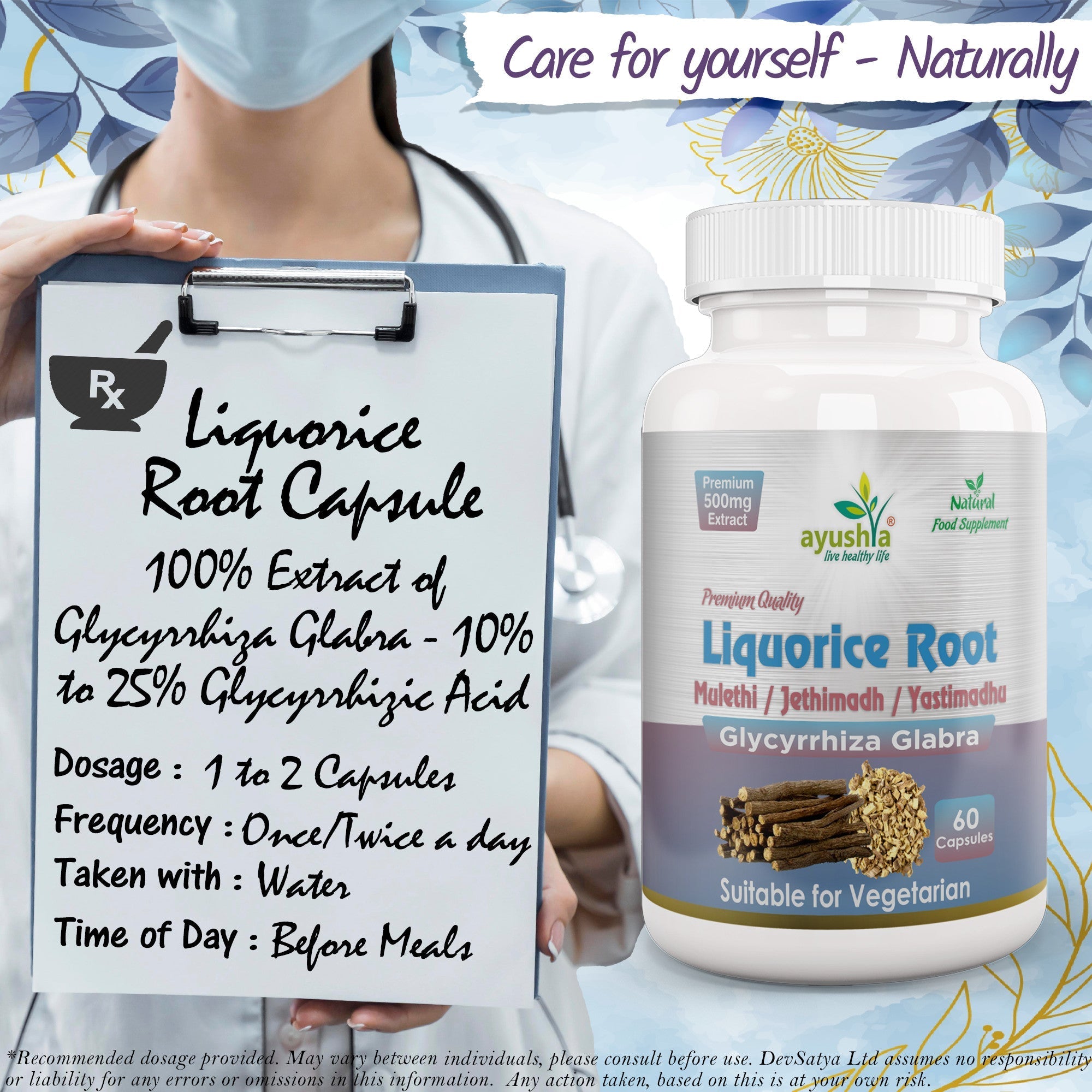Ayushya Liquorice Capsules (Mulethi) Throat & Digestive Comfort Support - Vegan, Gluten Free, Non-GMO, 60 Capsules