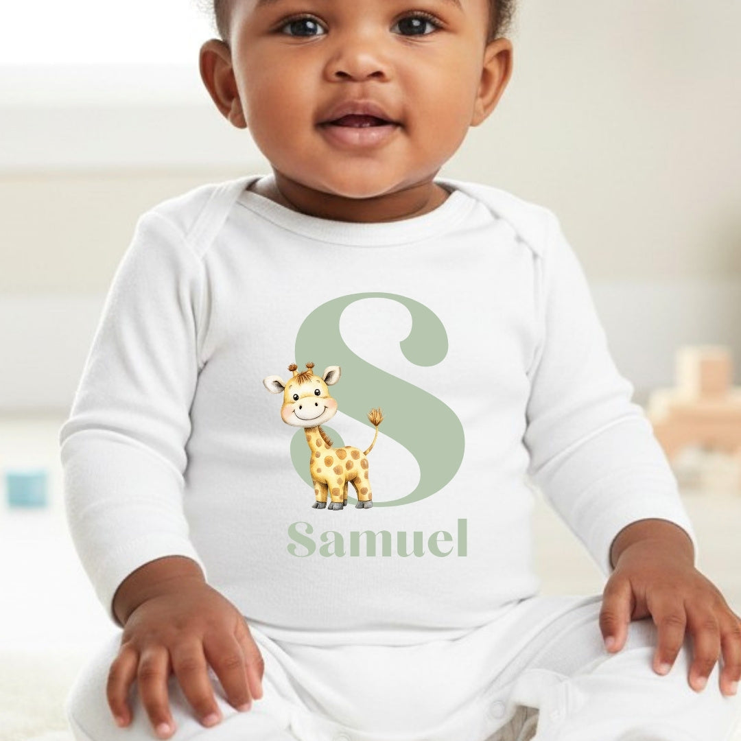 Personalised Little Giraffe Baby Grow, Vest or Bib with Initial & Name