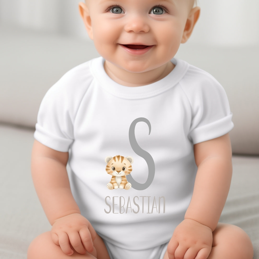 Personalised Little Tiger Baby Grow, Vest or Bib with Initial Name