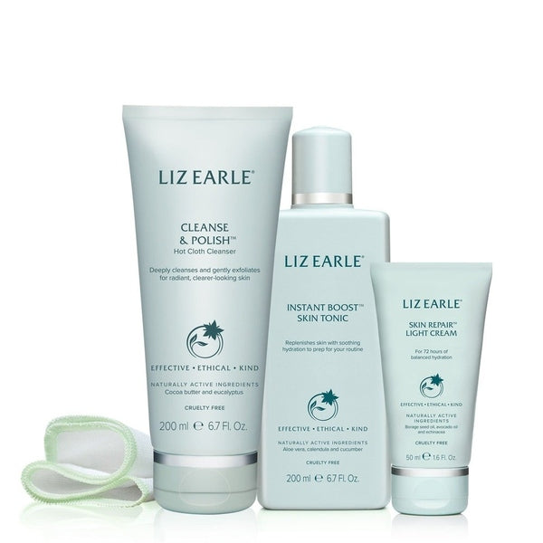 Liz Earle Your Daily Routine with Skin Repair Light Cream Gift Set 50ml Light Cream + 200ml Instant Boost Skin Tonic + 200ml Hot Cloth Cleanser