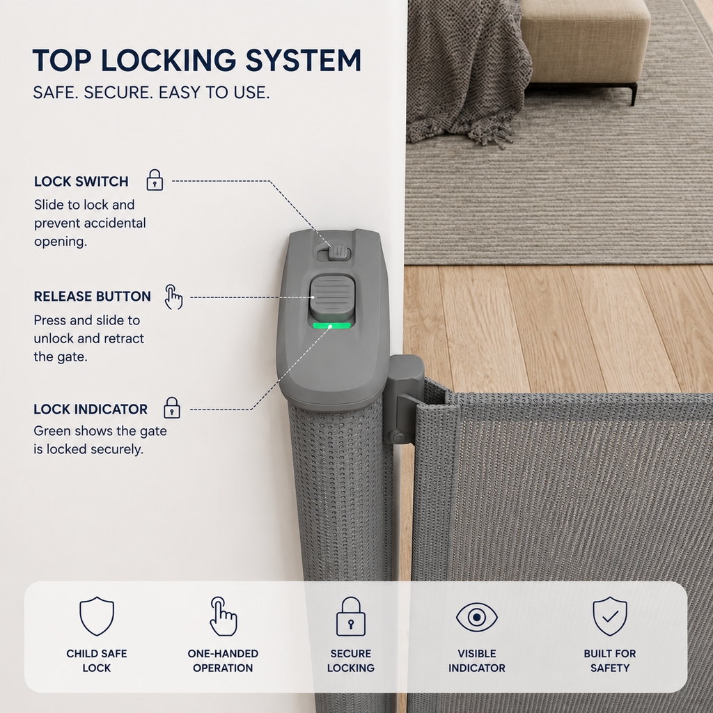 FYLO Baby Fabric Safety Retractable Stair Gate - Grey (Upto 120cm Width)