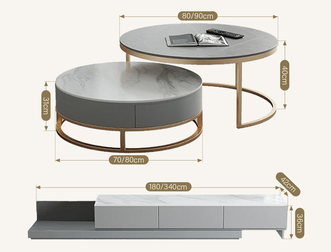 Lvinta Grey Round Nesting Coffee Table, Gold Base