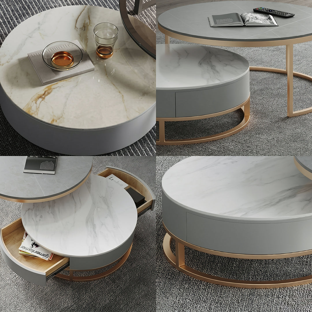 Lvinta Grey Round Nesting Coffee Table, Gold Base