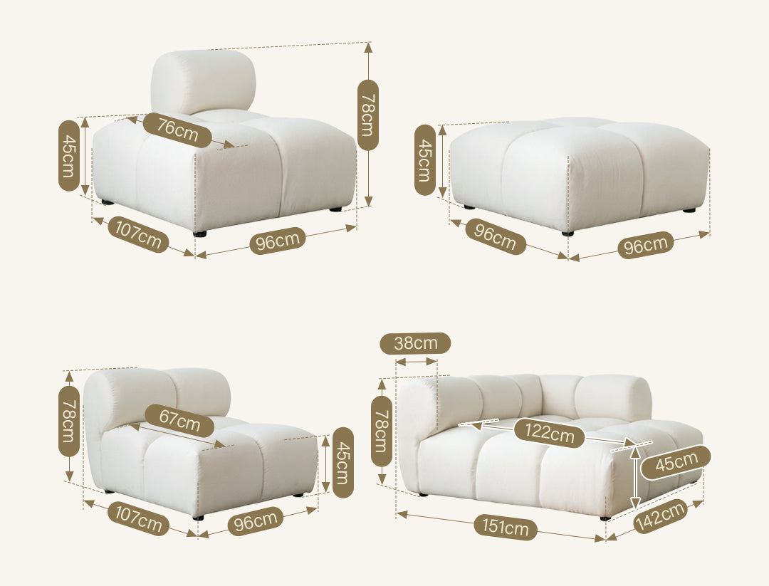 Lysander Velvet Module Three Seater, Four Seater, Five Seater Sofa, Corner Sofa, White