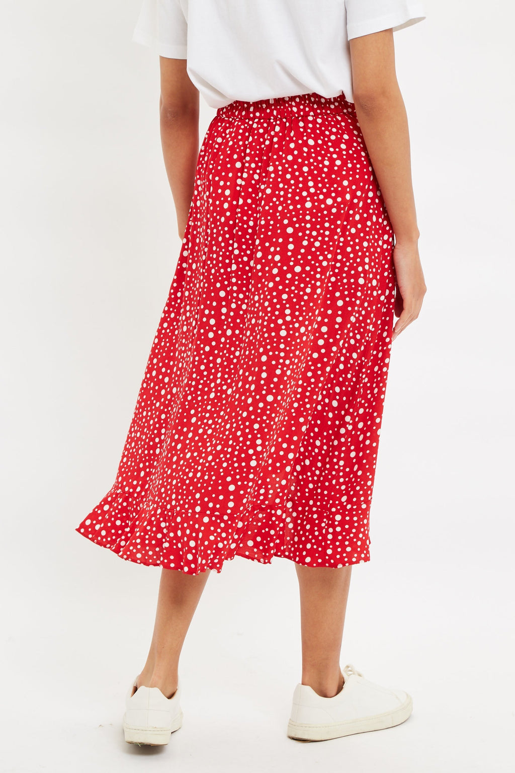 Louche Mara Spot It Print Ruffle Hem Wrap Midi Skirt Red