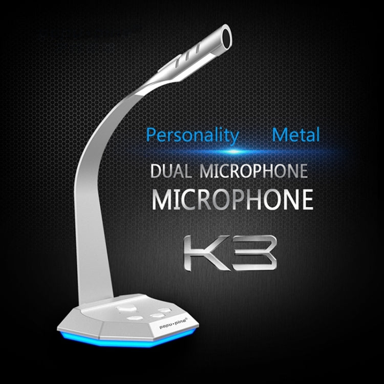 K3 Desktop USB Dual Mic Condenser with LED Light for PC/Mac, Live Broadcast (Silver)