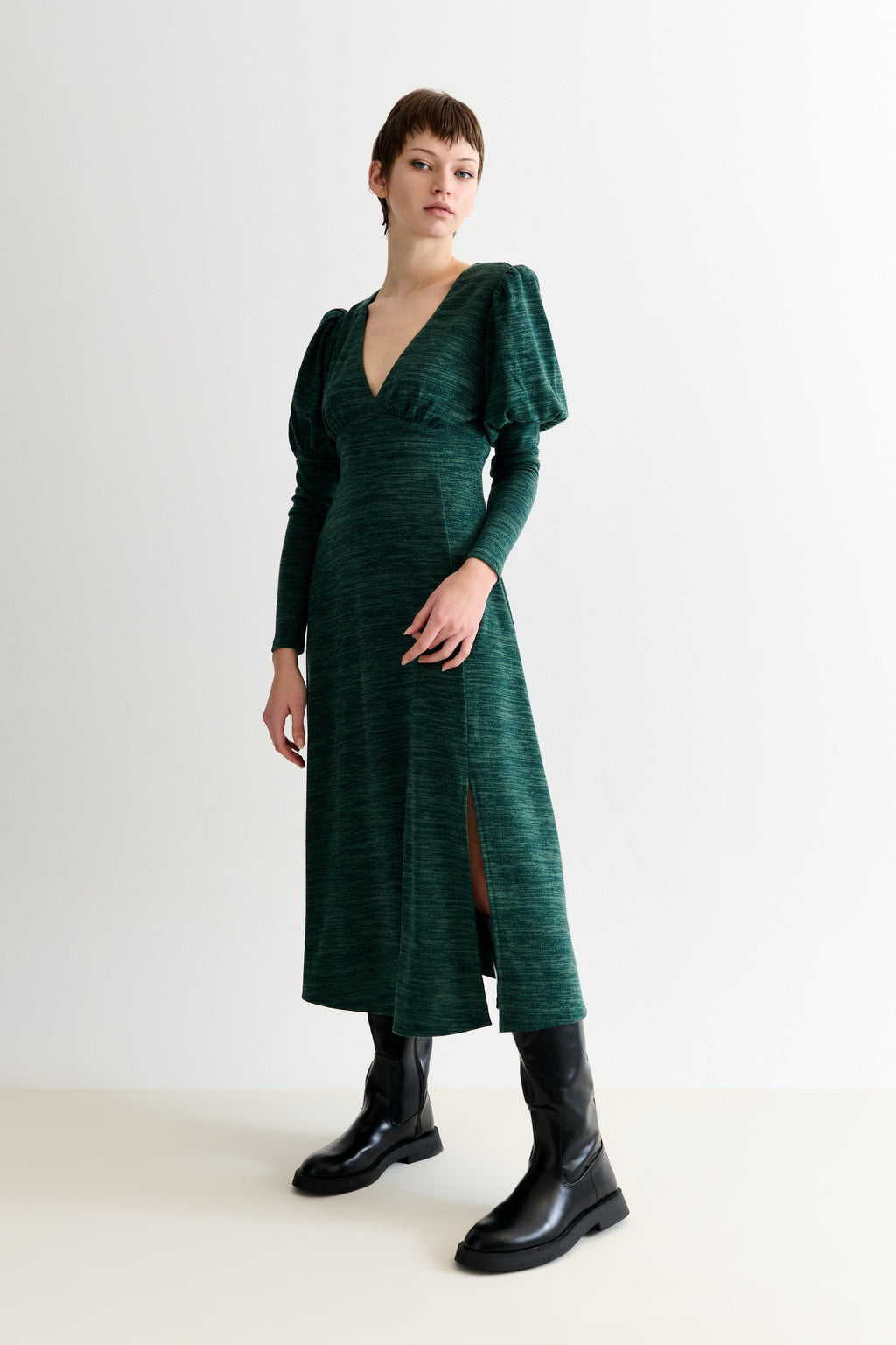 Moa Sustainable Marl Puff Sleeve V Neck Midi Dress - Green