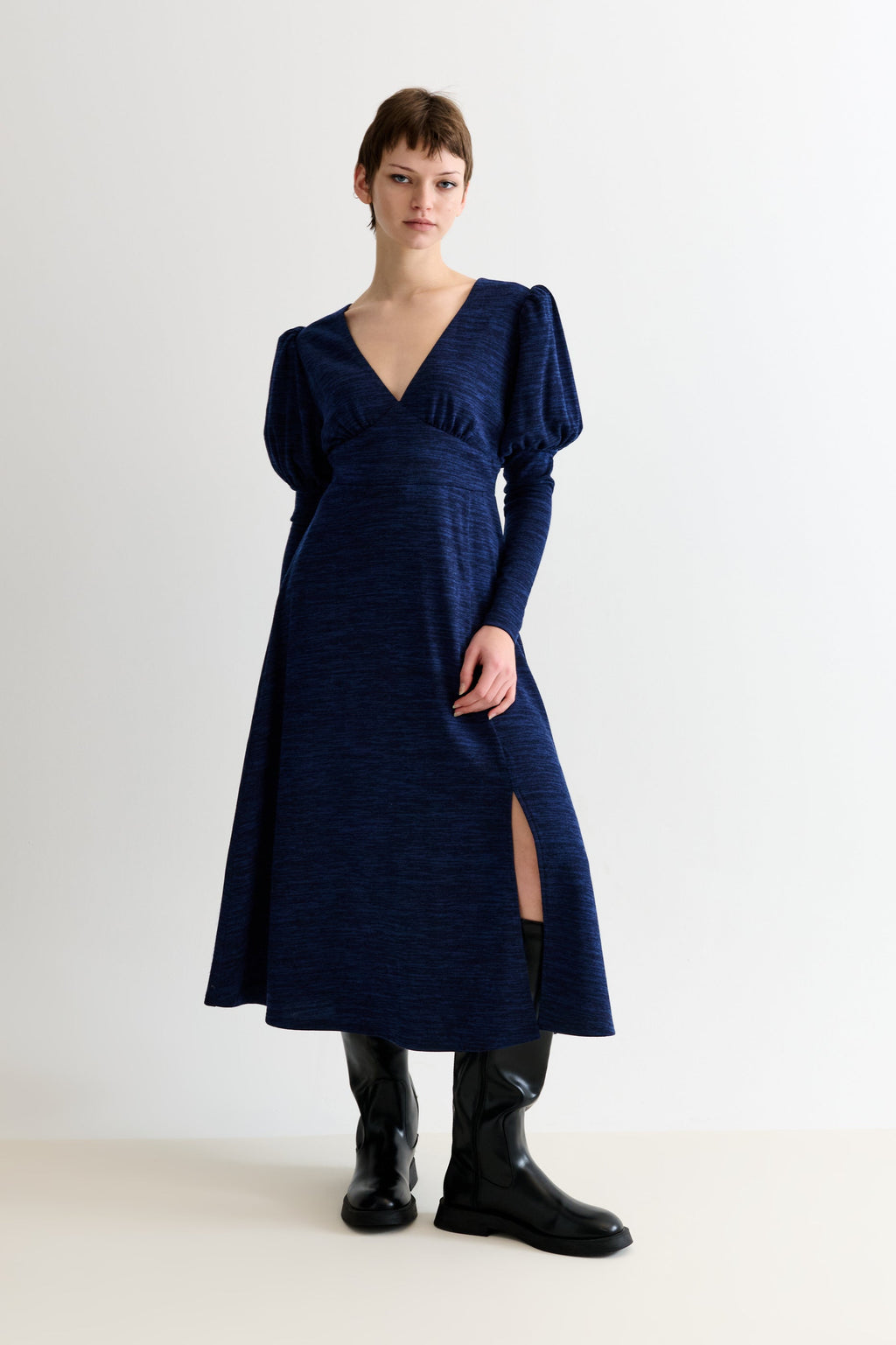 Moa Sustainable Marl Puff Sleeve V Neck Midi Dress - Navy