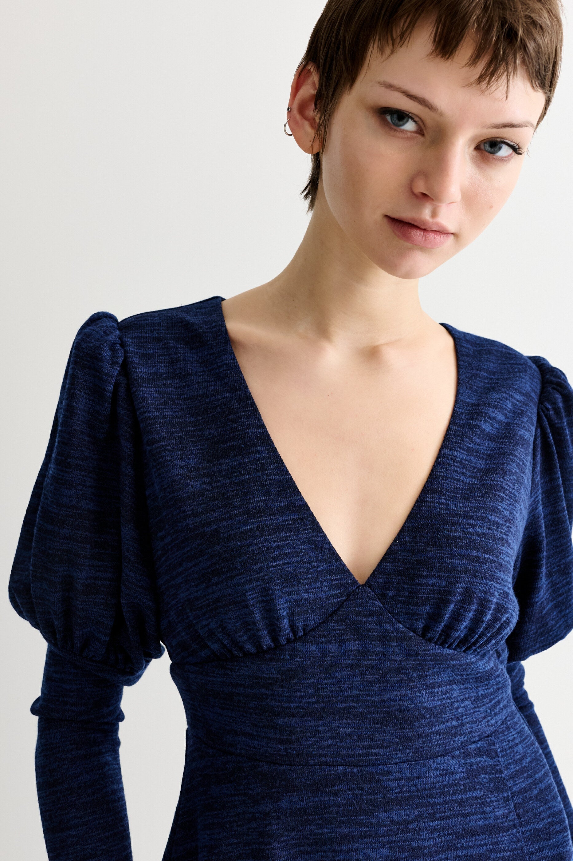 Moa Sustainable Marl Puff Sleeve V Neck Midi Dress - Navy