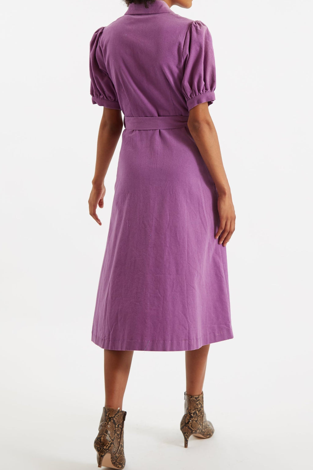 Mollie Lilac Baby Cord Puff Sleeve Midi Dress