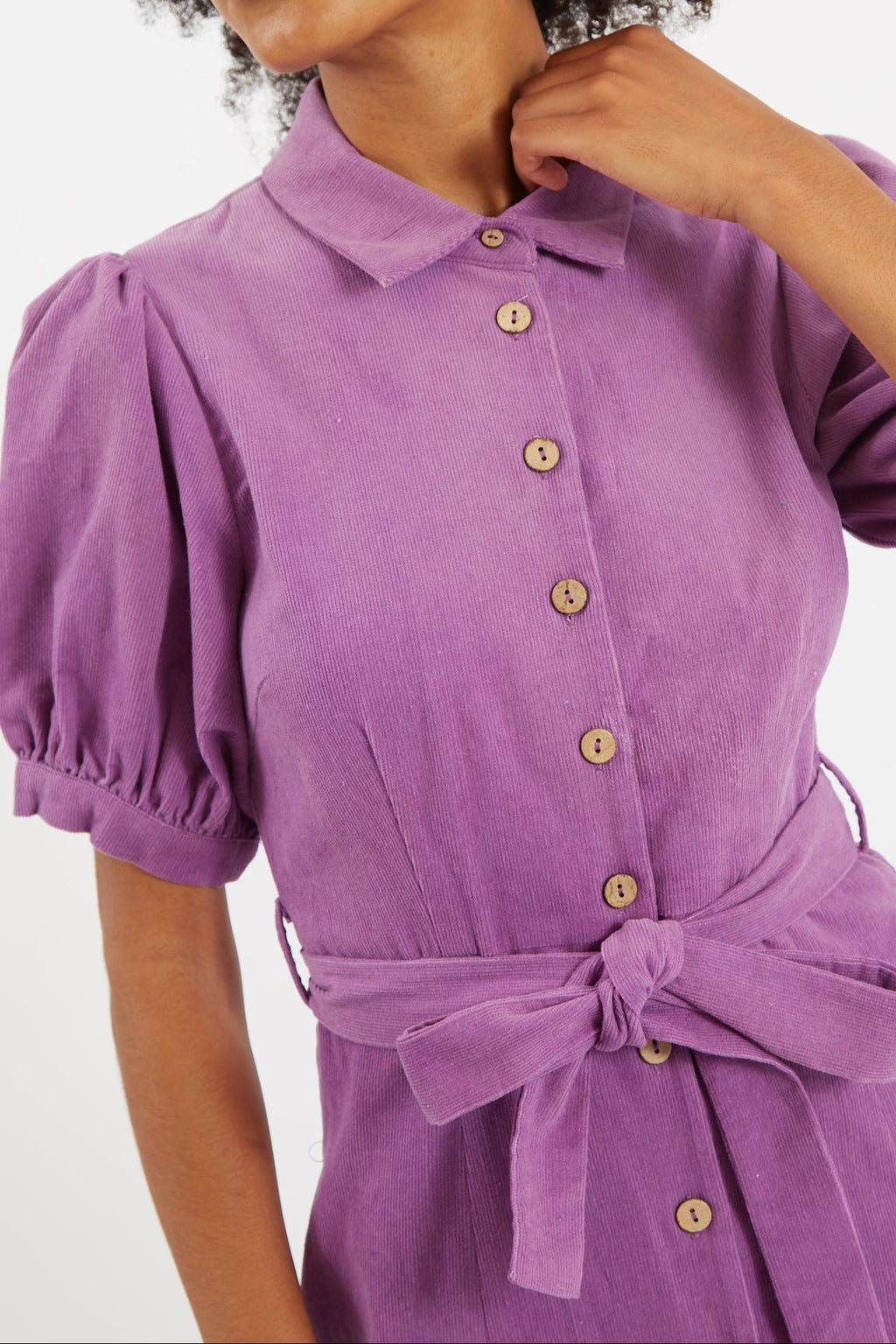 Mollie Lilac Baby Cord Puff Sleeve Midi Dress