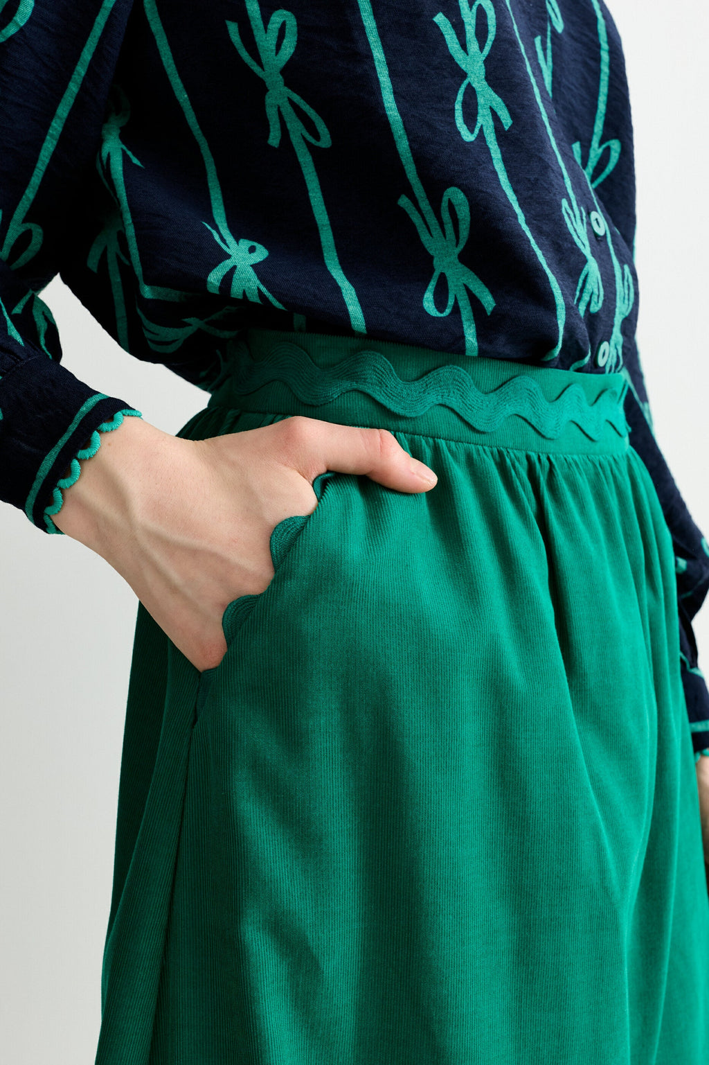 Montana Babycord Ric Rac Trim Tiered Midi Skirt - Teal