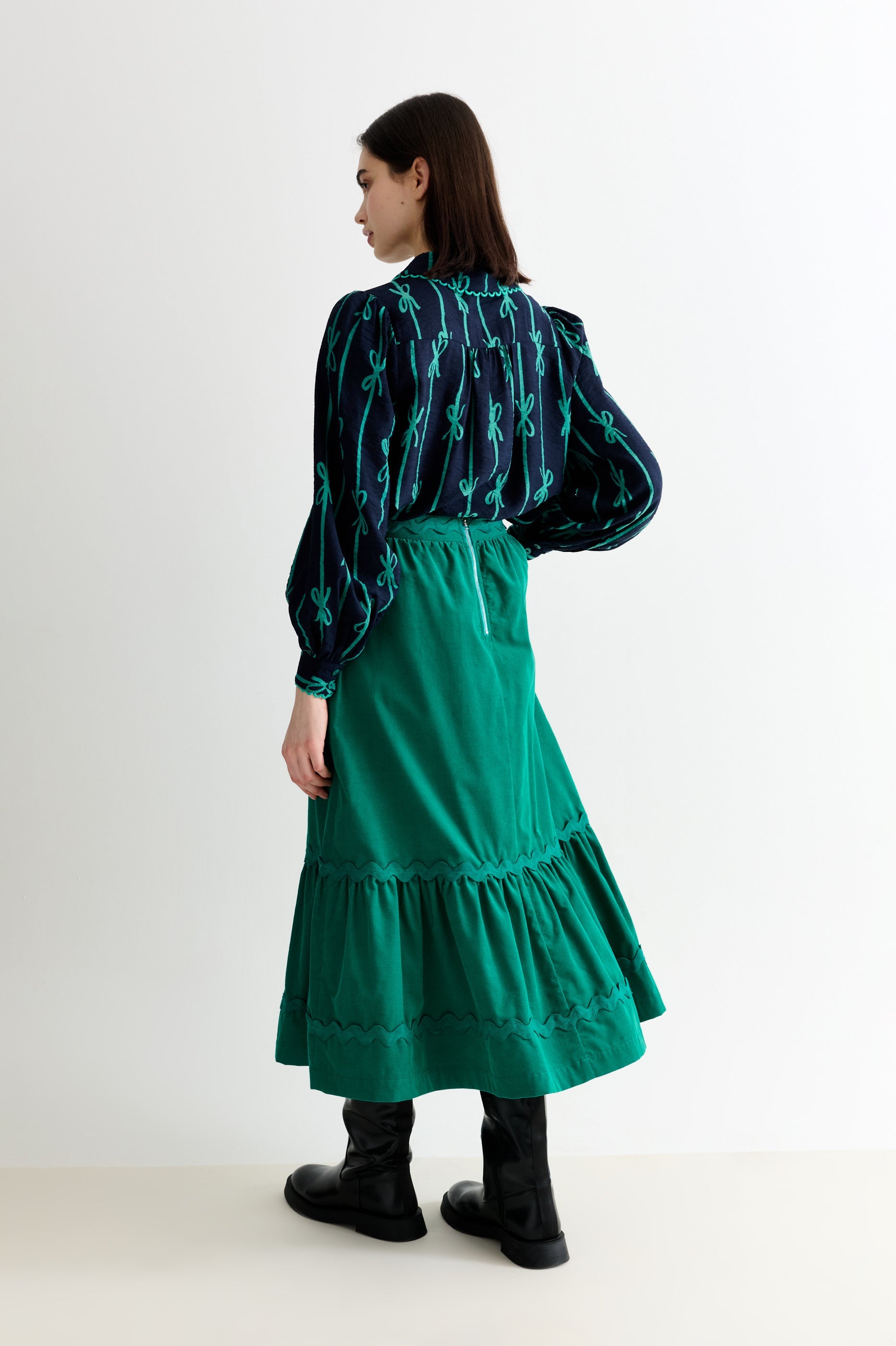 Montana Babycord Ric Rac Trim Tiered Midi Skirt - Teal