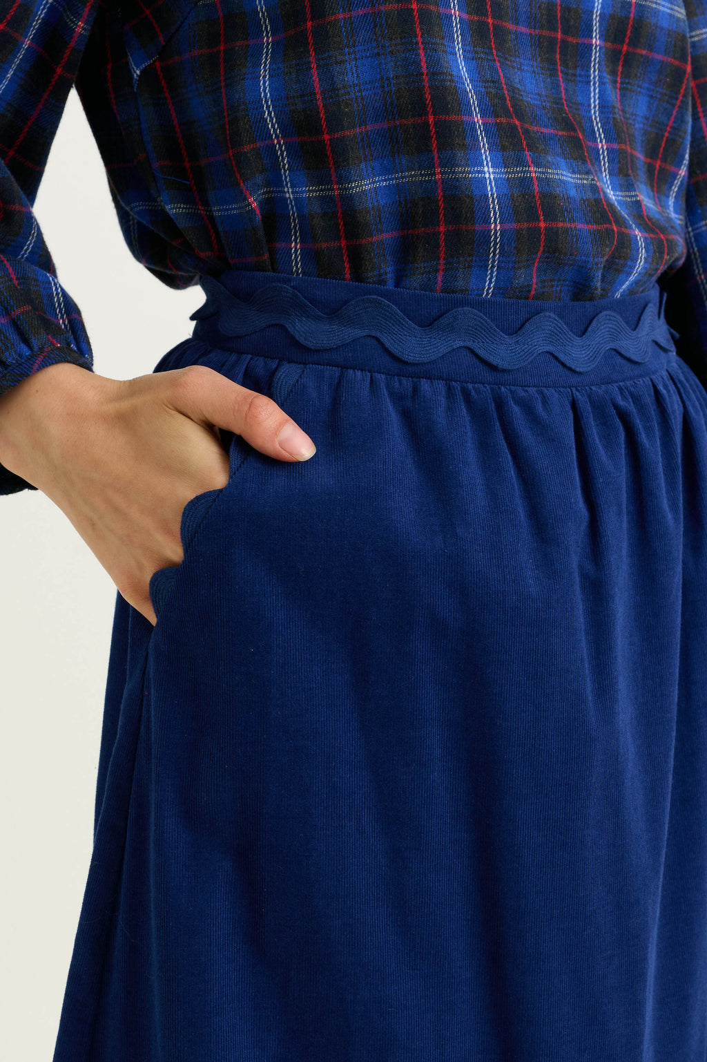 Montana Babycord Ric Rac Trim Tiered Midi Skirt - Navy