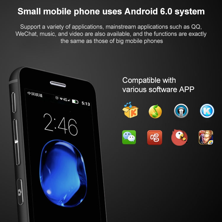 2.45 inch, Android 5.1 MTK6580 Quad Core, Support Bluetooth / WiFi, Network: 3G, 1GB+8GB