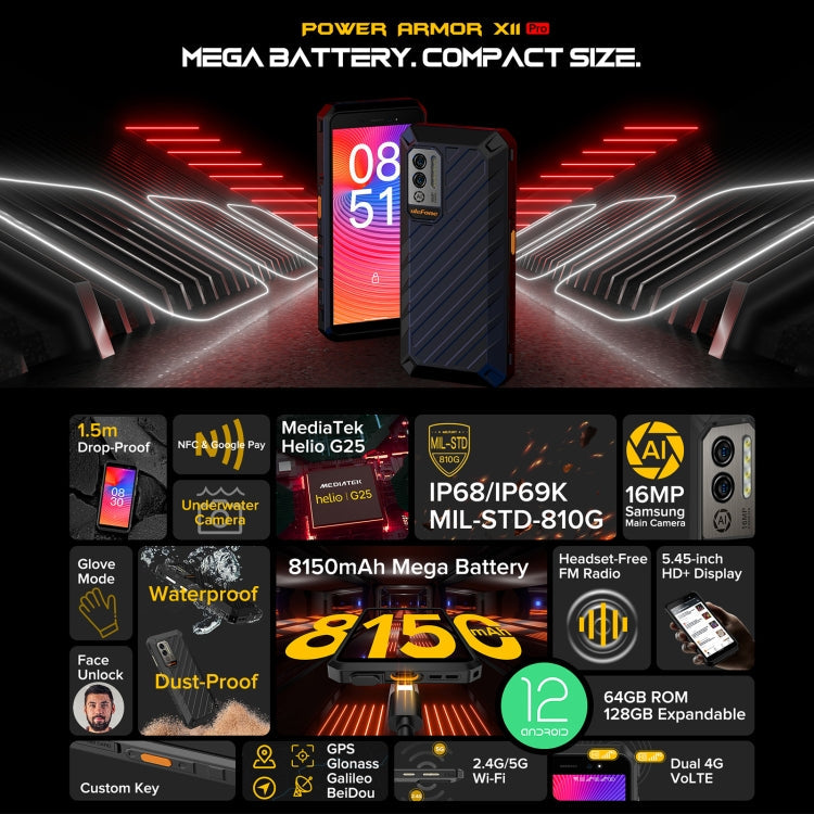 Ulefone Power Armor X11 Pro Rugged Phone, 4GB+64GB, IP68/IP69K Waterproof Dustproof Shockproof, Dual Back Cameras, Face Unlock, 5.45 inch Android 12 MediaTek Helio G25 MT6762VWB Octa Core up to 2.0GHz, Network: 4G, NFC, OTG(Black)