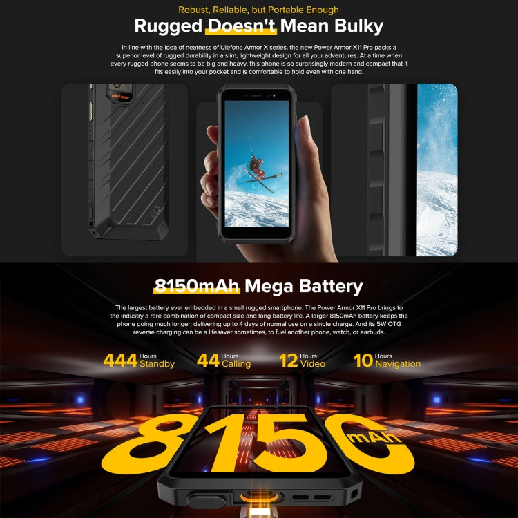 Ulefone Power Armor X11 Pro Rugged Phone, 4GB+64GB, IP68/IP69K Waterproof Dustproof Shockproof, Dual Back Cameras, Face Unlock, 5.45 inch Android 12 MediaTek Helio G25 MT6762VWB Octa Core up to 2.0GHz, Network: 4G, NFC, OTG(Black)