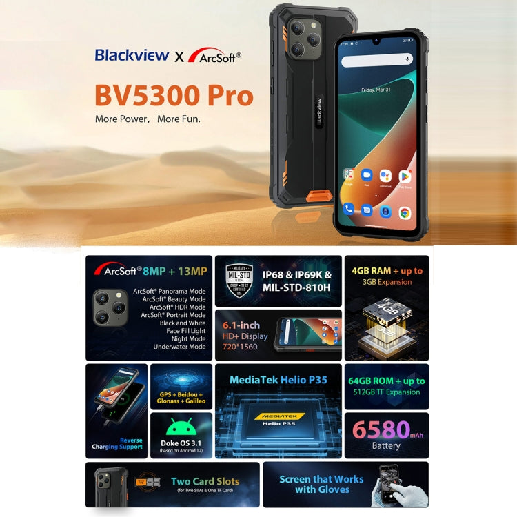 Blackview BV5300 Pro Rugged Phone, 4GB+64GB, IP68/IP69K/MIL-STD-810H, Face Unlock, 6580mAh Battery, 6.1 inch Android 12 MTK6765 Helio G35 Octa Core up to 2.3GHz, Network: 4G, OTG, NFC, Dual SIM(Black)