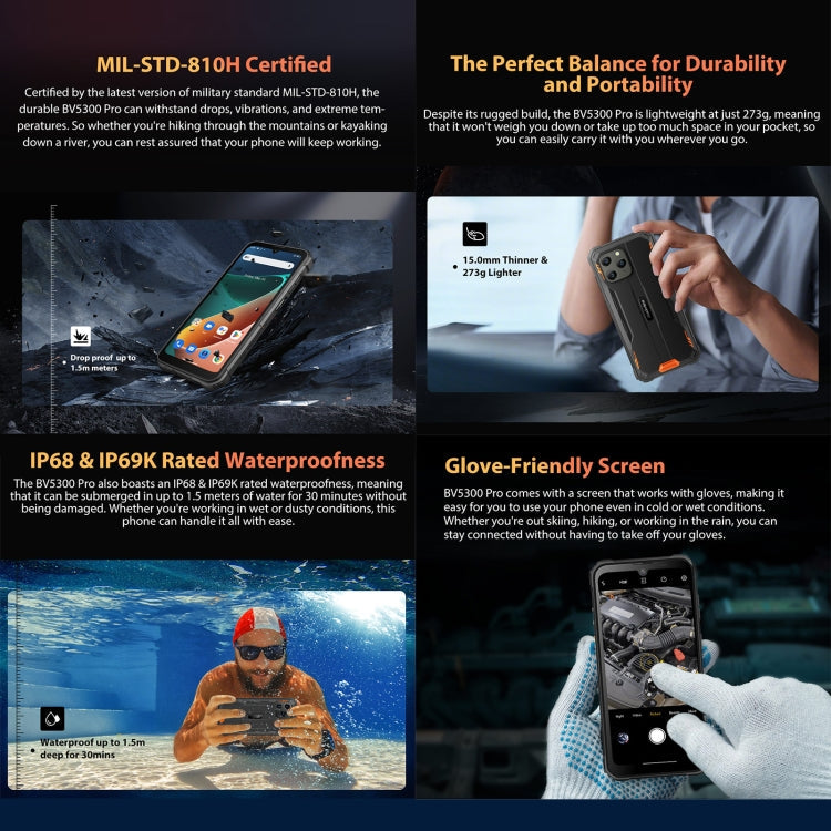 Blackview BV5300 Pro Rugged Phone, 4GB+64GB, IP68/IP69K/MIL-STD-810H, Face Unlock, 6580mAh Battery, 6.1 inch Android 12 MTK6765 Helio G35 Octa Core up to 2.3GHz, Network: 4G, OTG, NFC, Dual SIM(Black)