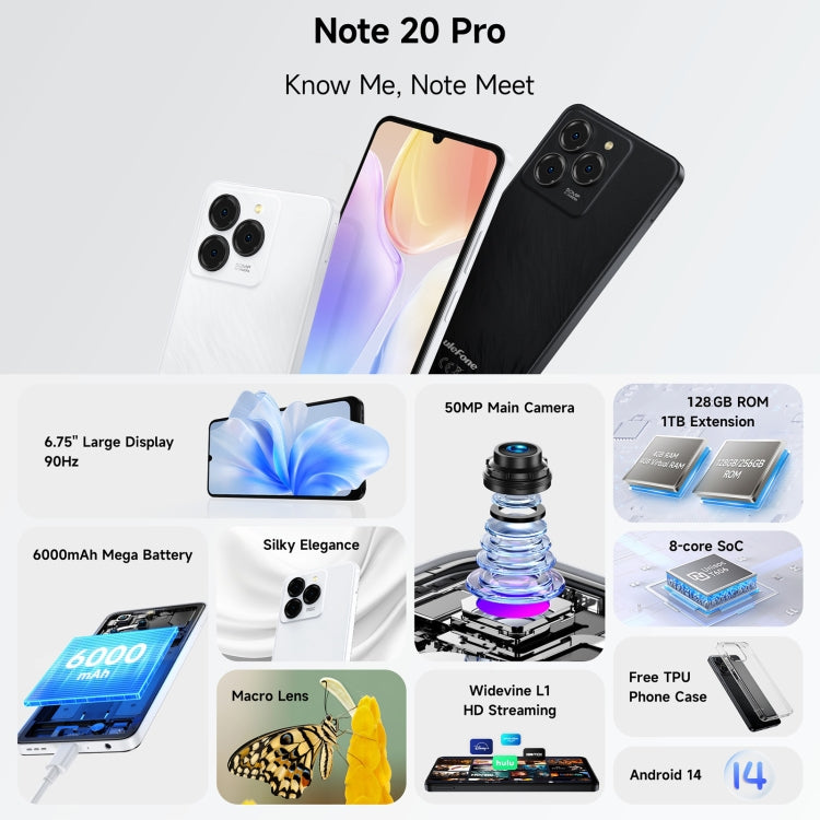 Ulefone Note 20 Pro, 4GB+256GB, Face ID & Side Fingerprint, 6000mAh, 6.75 inch Android 14 Unisoc T606 Octa Core, Network: 4G, Dual SIM, OTG (Satin Black)