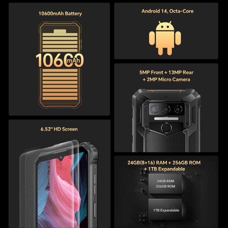 Oukitel WP23 Plus Rugged Phone, 8GB+256GB, 6.52 inch Android 14.0Unisoc T606 Octa-core, NFC, OTG, Network: 4G, WP23 Plus 8GB+256GB