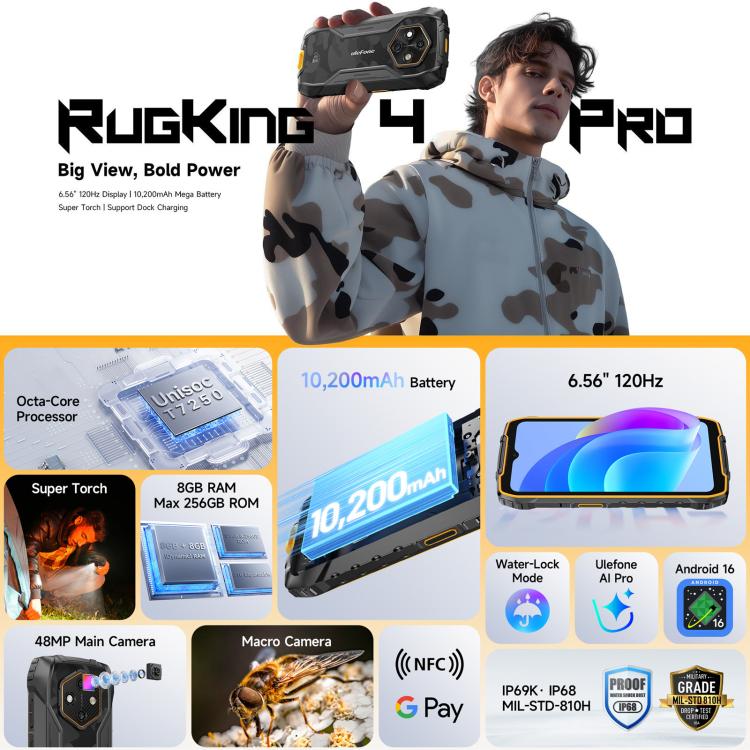 Ulefone RugKing 4 Pro, 8GB+128GB, IP68/IP69K Rugged Phone, 6.56 inch Android 16 Unisoc T7250 Octa Core, Network: 4G, NFC, OTG, RugKing 4 Pro, 8GB+128GB