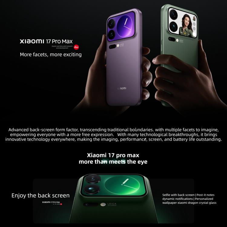 Xiaomi 17 Pro Max, 16GB+1TB, 3D Ultrasonic Fingerprint, 6.9 inch + 2.9 inch Xiaomi HyperOS 3 Snapdragon 8 Elite Gen 5 Octa Core, NFC, Network: 5G, 16GB+1TB