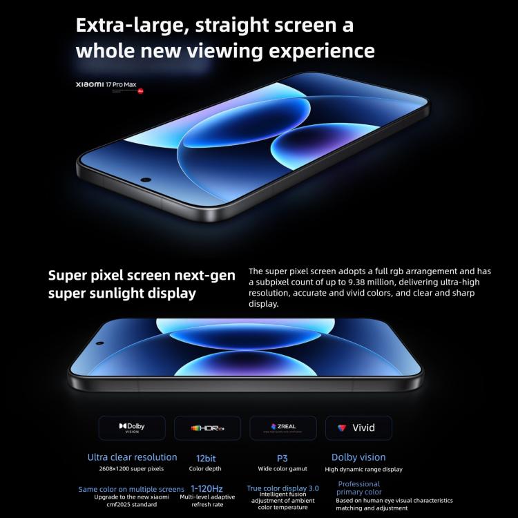 Xiaomi 17 Pro Max, 16GB+1TB, 3D Ultrasonic Fingerprint, 6.9 inch + 2.9 inch Xiaomi HyperOS 3 Snapdragon 8 Elite Gen 5 Octa Core, NFC, Network: 5G, 16GB+1TB