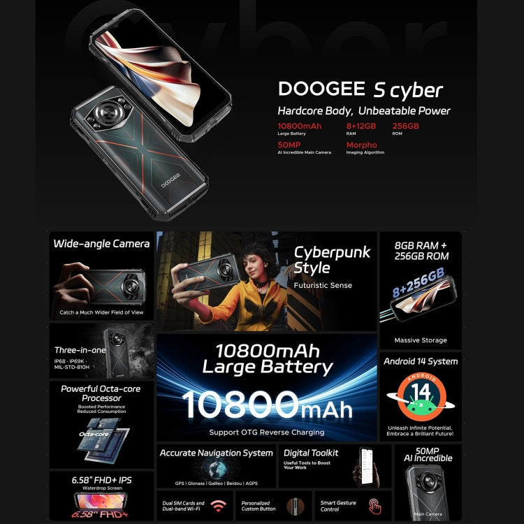 DOOGEE S Cyber, 8GB+256GB, 6.58 inch Android 14 Spreadtrum T606 Octa Core, Network: 4G, OTG, NFC (Black Red)