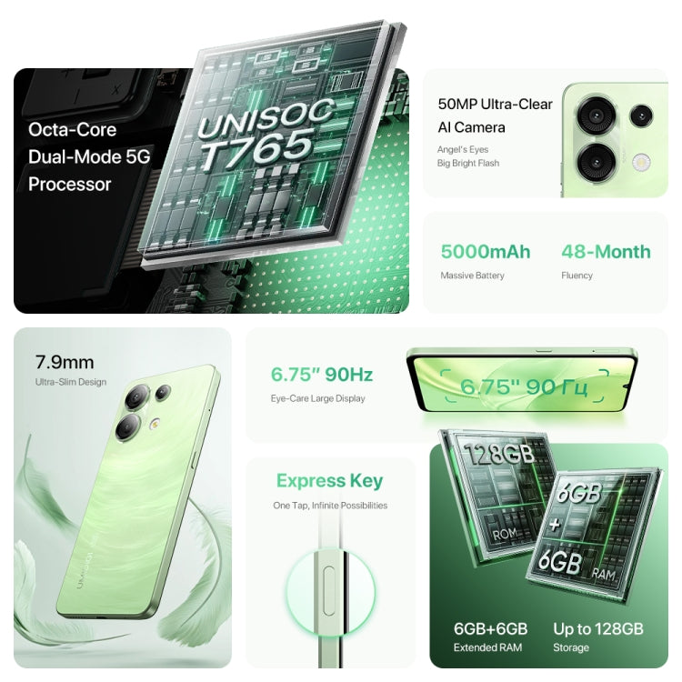 UMIDIGI G9 5G, 6GB+128GB, Side Fingerprint & Face ID Identification, 6.75 inch Android 14 UNISOC T765 Octa Core, Network: 5G (Galaxy Green)