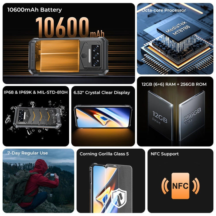 Oukitel WP38 Rugged Phone, 12GB+256GB, IP68/IP69K, Fingerprint Identification, 10600mAh, 6.52 inch MediaTek MT8788 Octa Core, NFC, OTG, Network: 4G (Black)