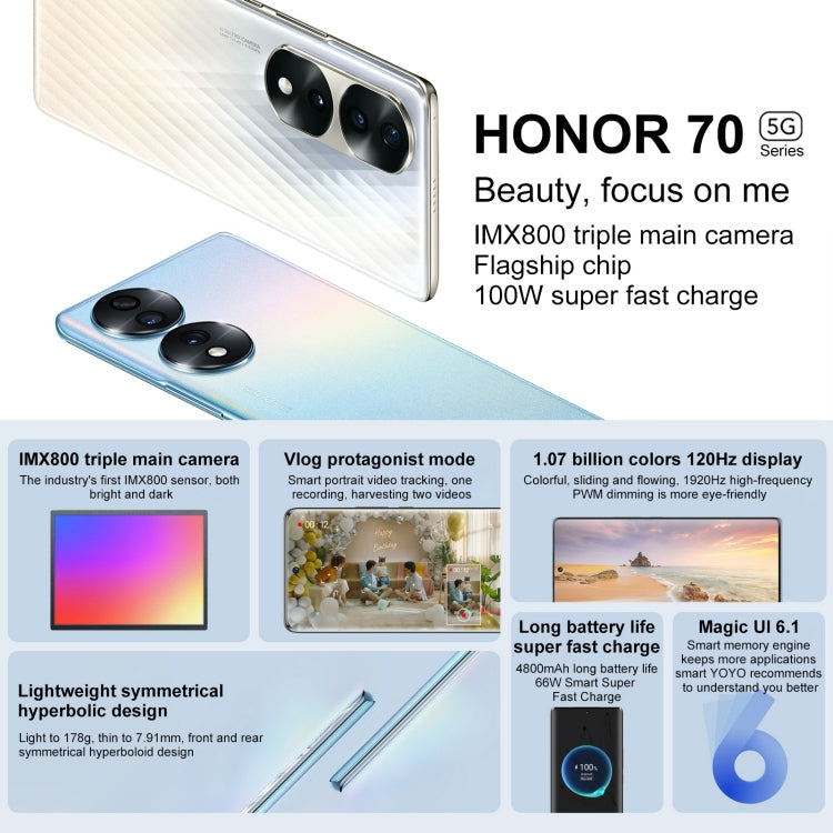 Triple Back Cameras, Screen Fingerprint Identification,  6.67 inch Magic UI 6.1 Qualcomm Snapdragon 778G Plus Octa Core up to 2.5GHz, Network: 5G, OTG, NFC, Not Support Google Play, Honor 70 5G 12GB+512GB