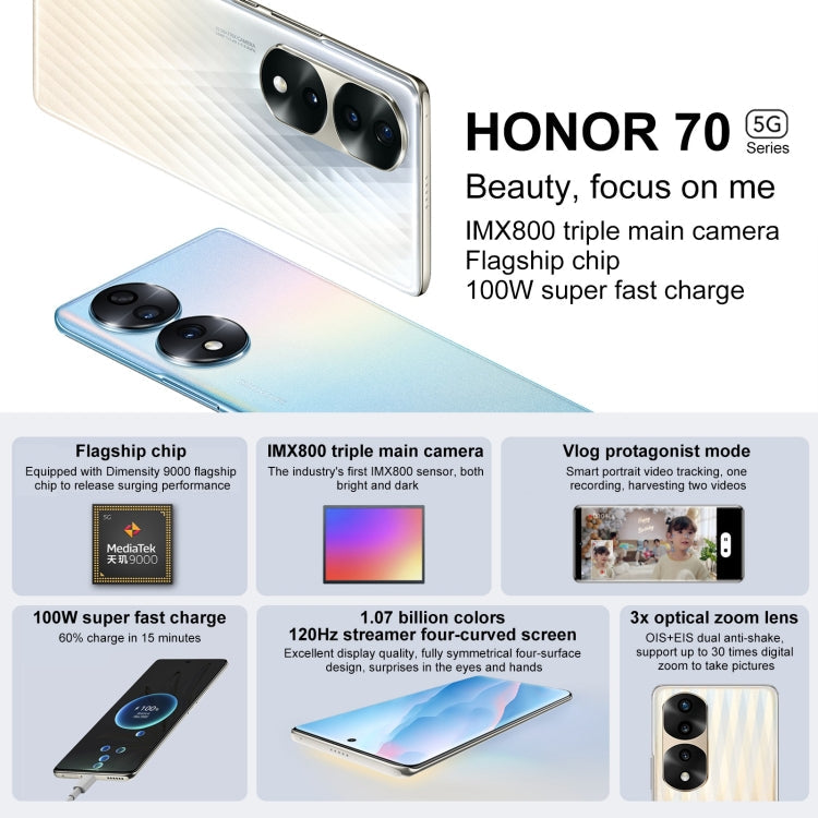 Triple Back Cameras, Screen Fingerprint Identification, 6.78 inch Magic UI 6.1 Dimensity 9000 Octa Core up to 3.05GHz, Network: 5G, OTG, NFC, Not Support Google Play, Honor 70 Pro+ 5G 12GB+256GB