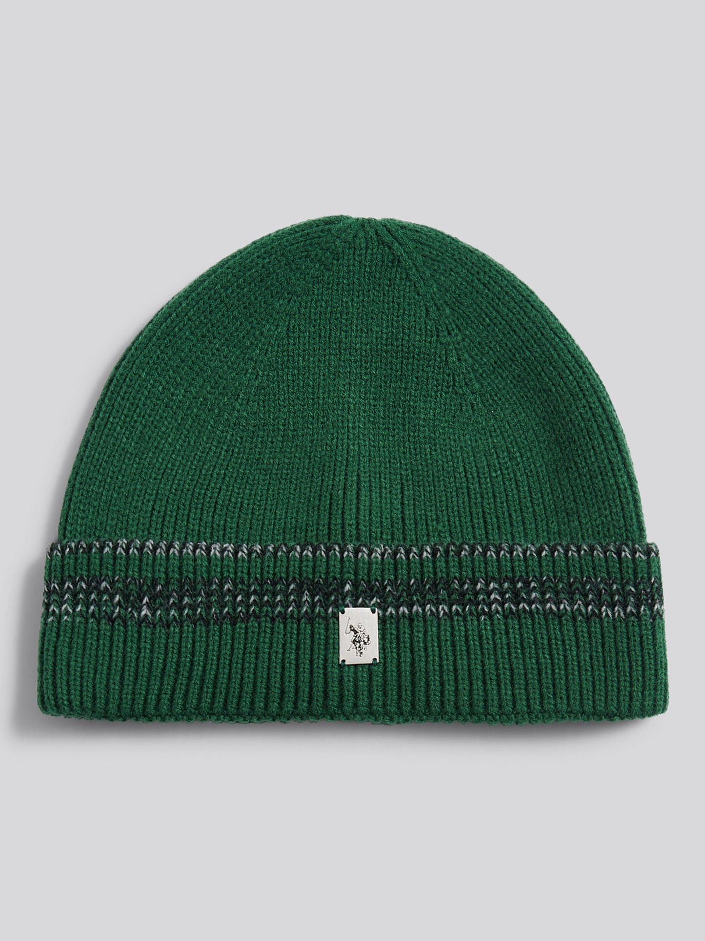 Mens Stripe Tipping Rib Knit Beanie in Pineneedle