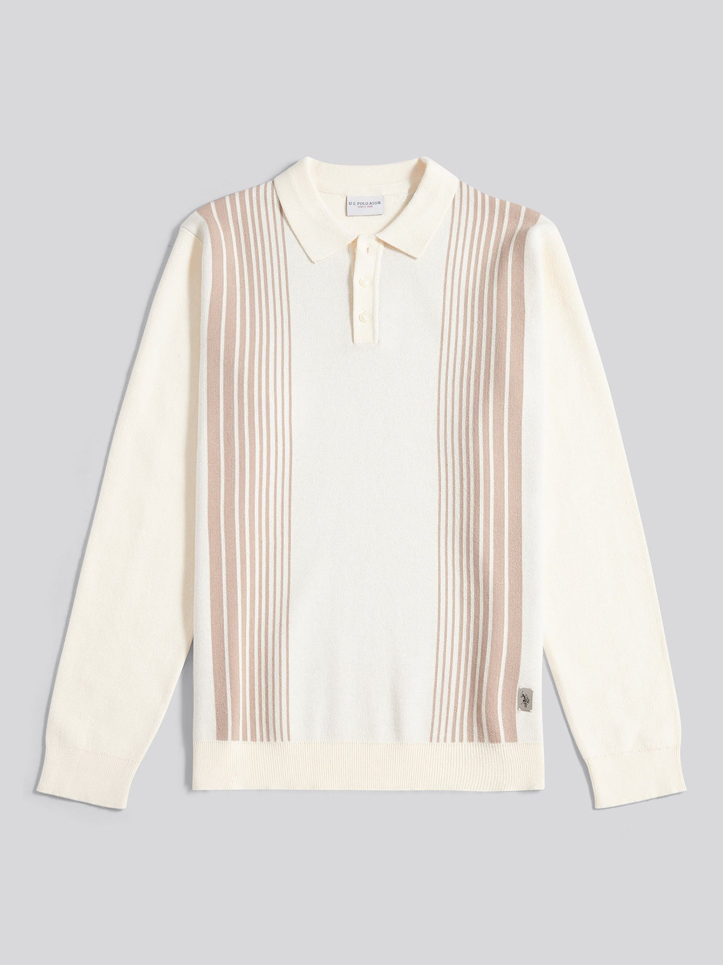 Mens Vertical Stripe Knit Long Sleeve Polo Shirt in Whisper White