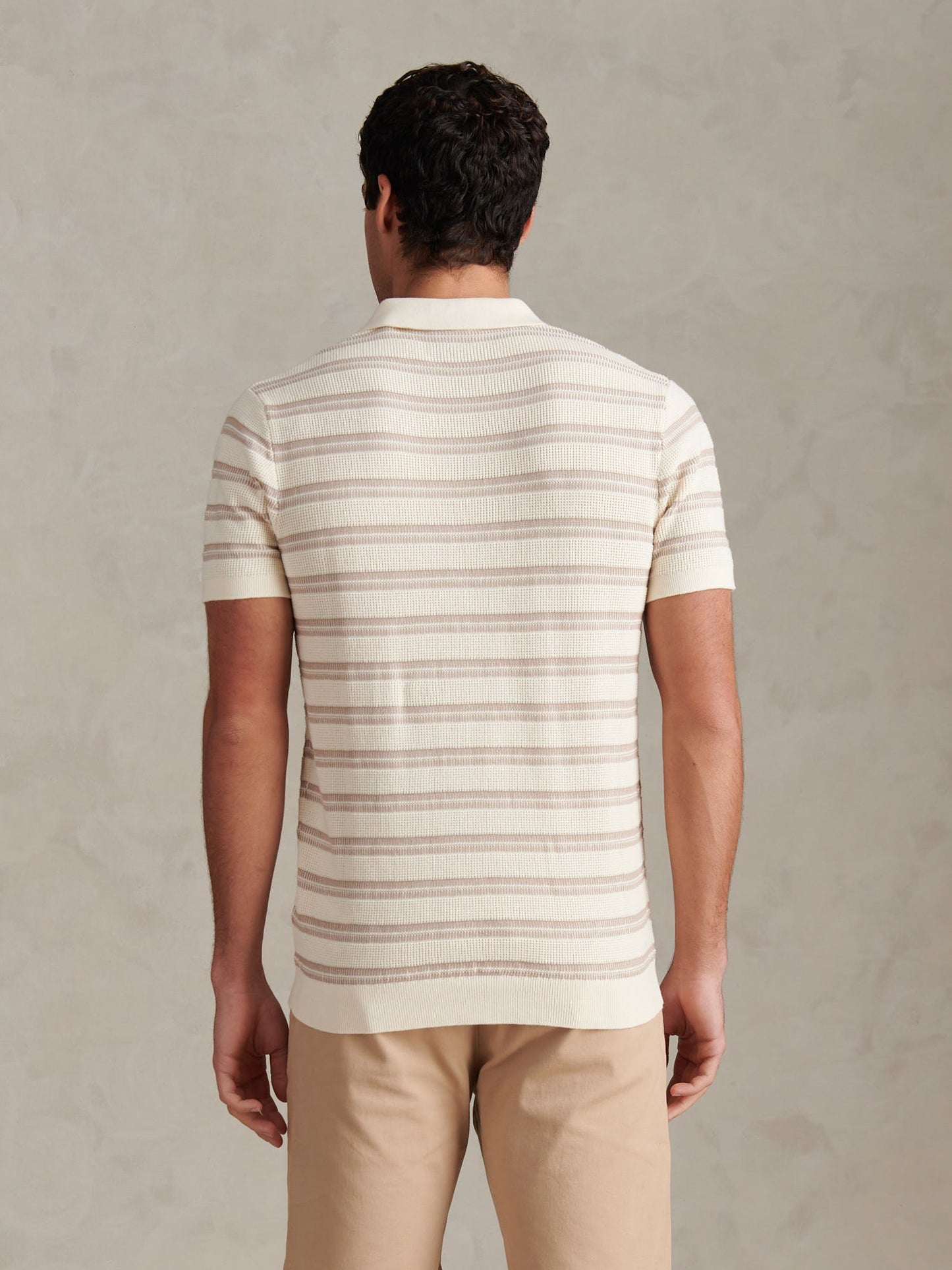 Mens Stripe Open Knit Polo Shirt Whisper White
